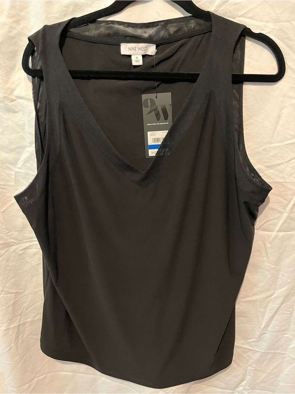 Nine West Black V-Neck Mesh-Trim Sleeveless Top